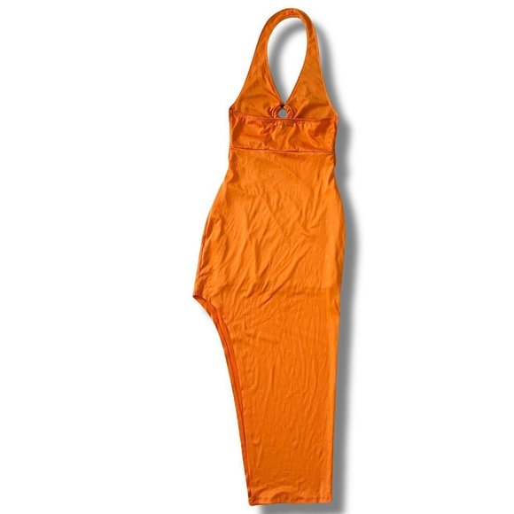 almost famous orange slim summer halter top dress with open back & high leg - Picture 2 of 5